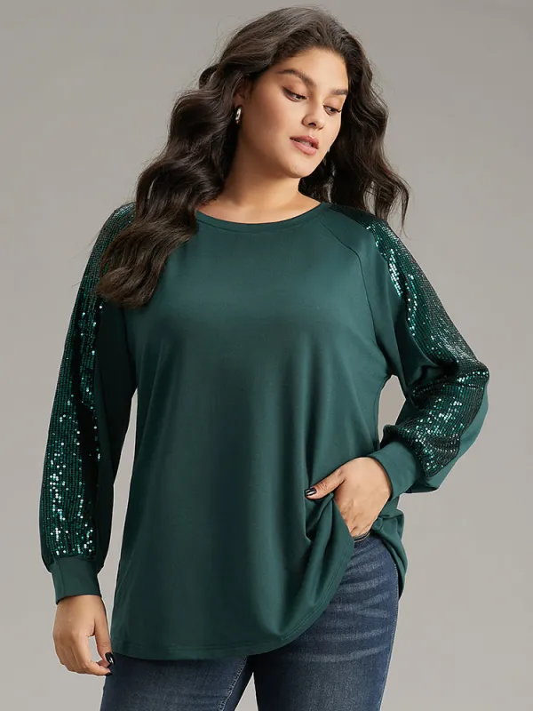 Solid Sequin Patchwork Raglan Sleeve Sweatshirt sold by Bloomchic