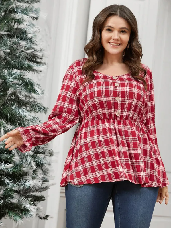 Tartan Button Detail Lantern Sleeve Blouse sold by Bloomchic