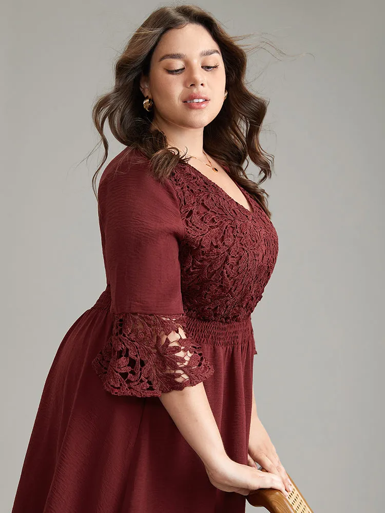 Geometric Shirred Lace Patchwork Bell Sleeve Dress sold by Bloomchic product image thumbnail 5