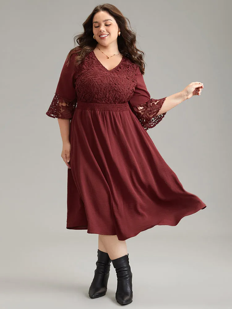 Geometric Shirred Lace Patchwork Bell Sleeve Dress sold by Bloomchic product image thumbnail 4