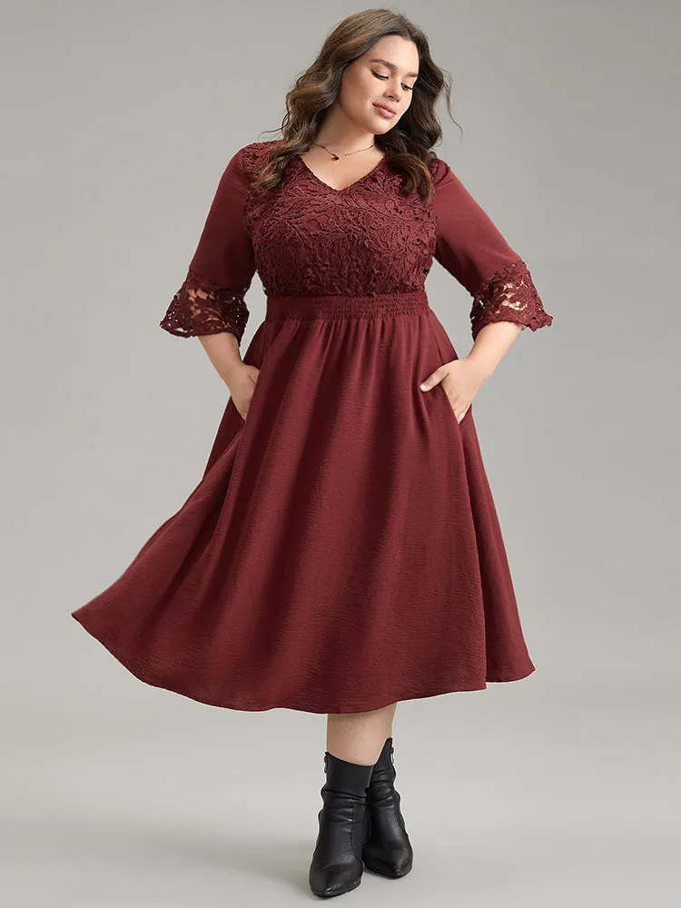 Geometric Shirred Lace Patchwork Bell Sleeve Dress sold by Bloomchic product image thumbnail 3