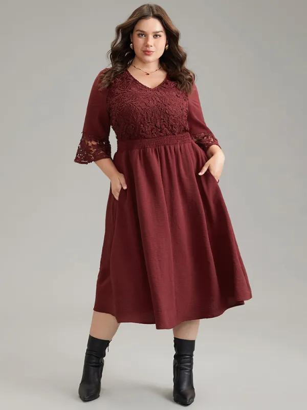 Geometric Shirred Lace Patchwork Bell Sleeve Dress sold by Bloomchic
