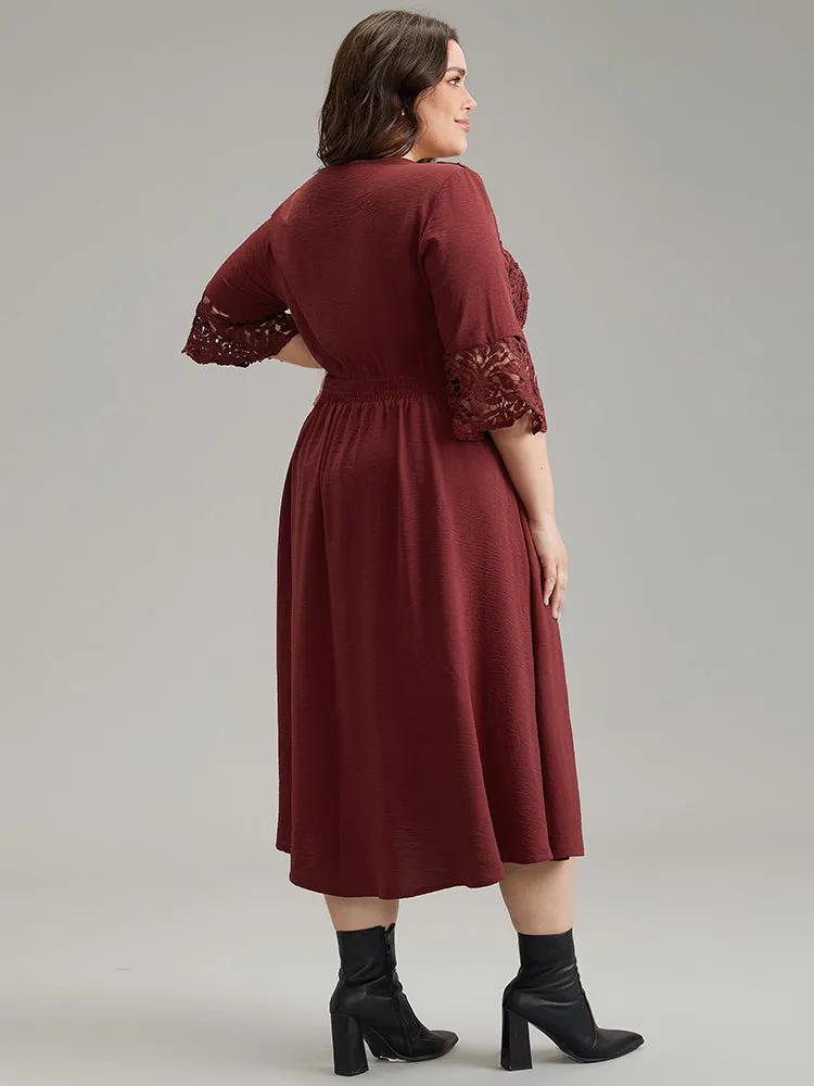 Geometric Shirred Lace Patchwork Bell Sleeve Dress sold by Bloomchic product image thumbnail 2