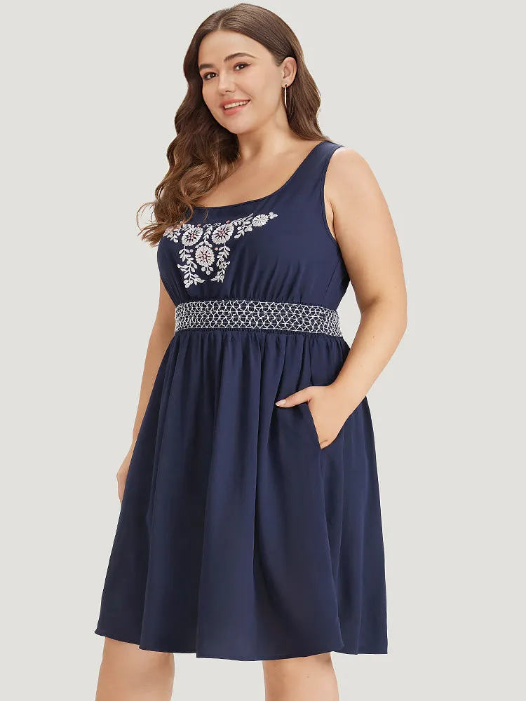 Floral Embroidered Pocket Ruffle Contrast Shirred Tank Dress sold by Bloomchic product image thumbnail 4