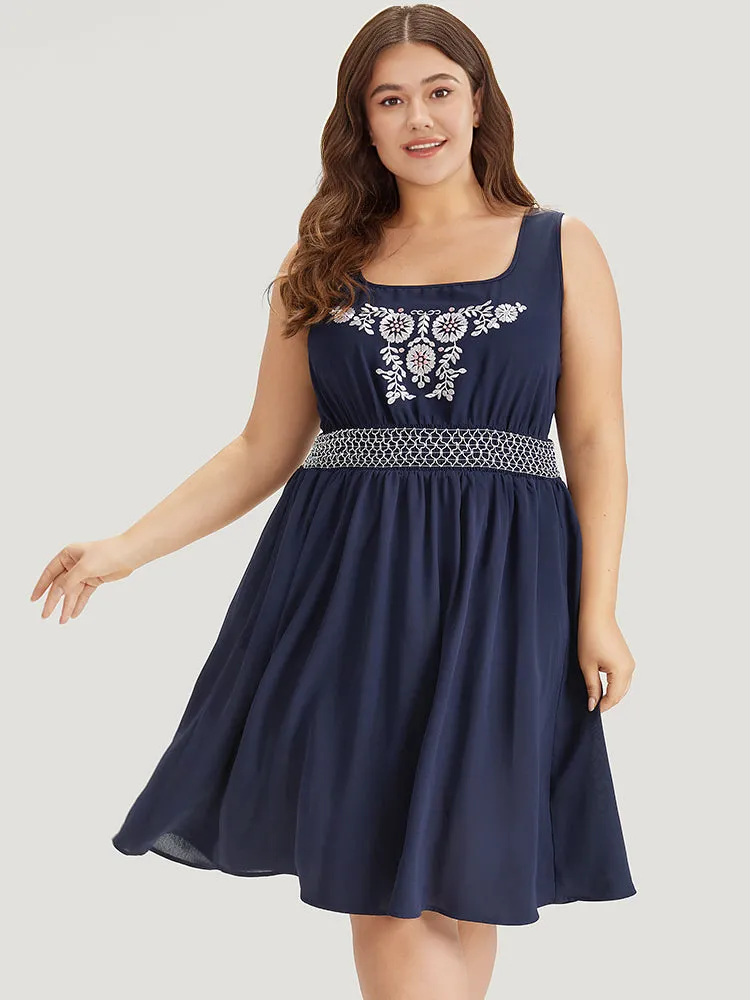 Floral Embroidered Pocket Ruffle Contrast Shirred Tank Dress sold by Bloomchic product image thumbnail 2