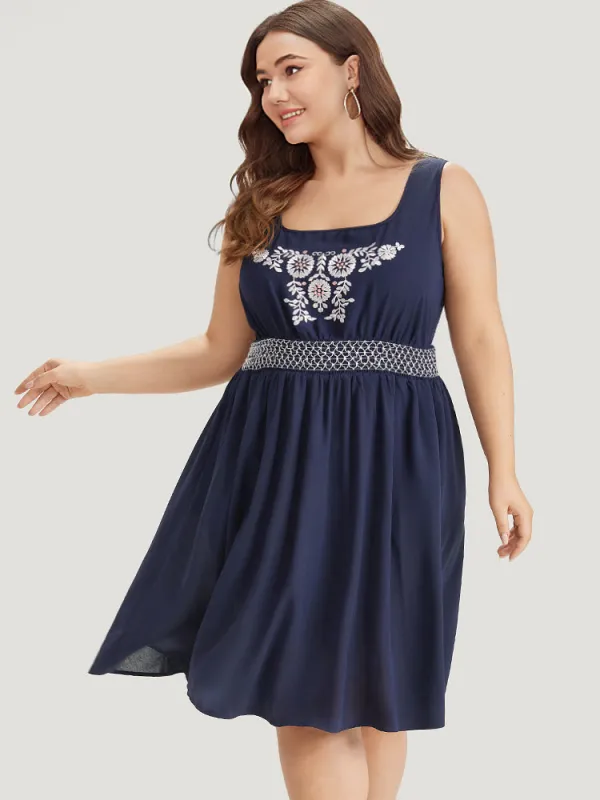 Floral Embroidered Pocket Ruffle Contrast Shirred Tank Dress sold by Bloomchic