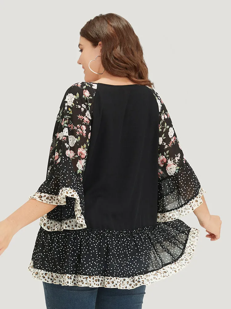 Floral & Polka Dot Flutter Trim Patchwork Blouse sold by Bloomchic product image thumbnail 5