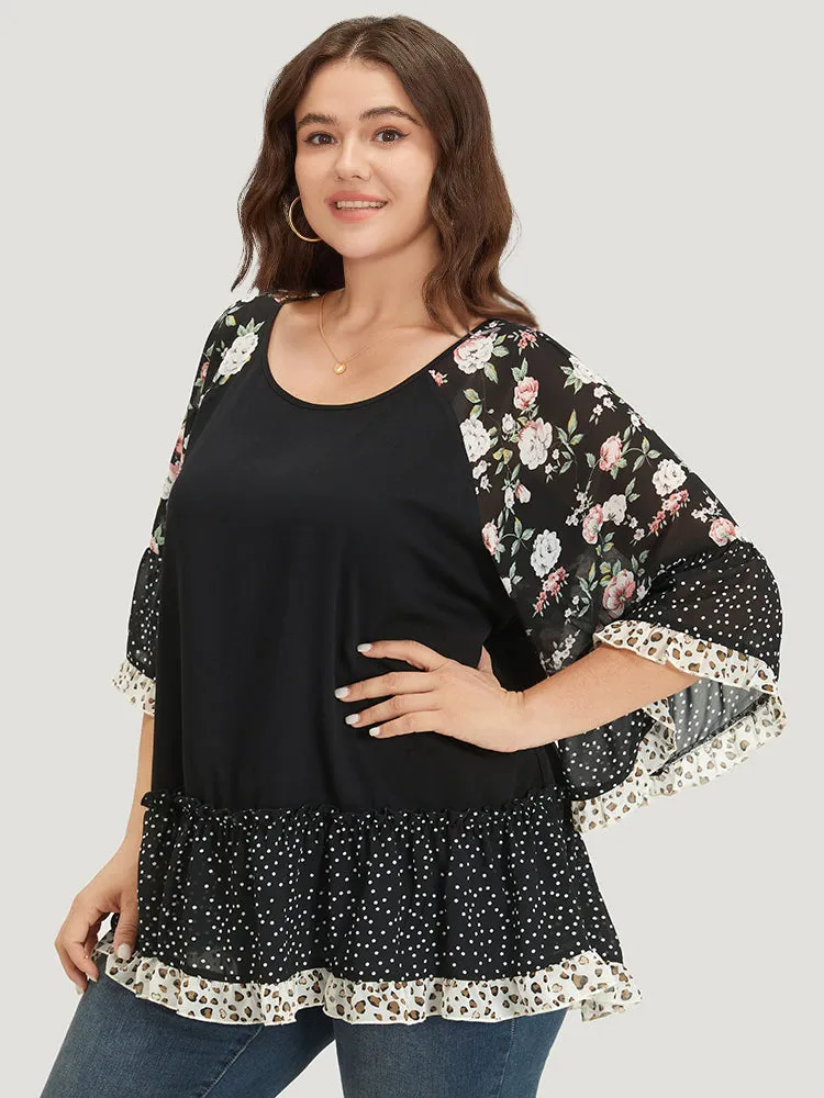 Floral & Polka Dot Flutter Trim Patchwork Blouse sold by Bloomchic product image thumbnail 2