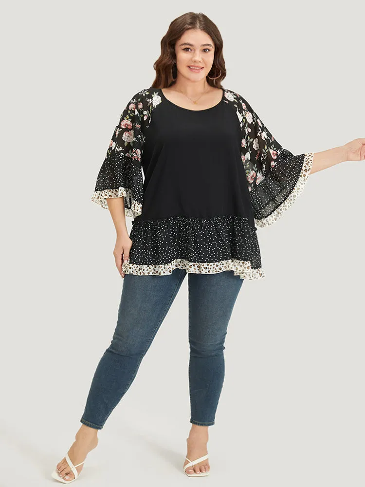 Floral & Polka Dot Flutter Trim Patchwork Blouse sold by Bloomchic product image thumbnail 4