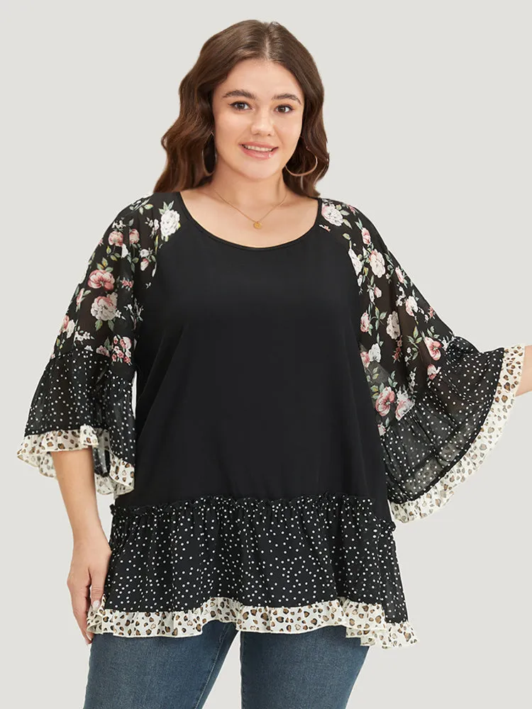 Floral & Polka Dot Flutter Trim Patchwork Blouse sold by Bloomchic product image thumbnail 3