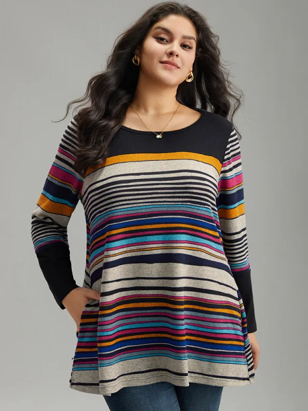 Colour Striped Contrast Patchwork Pocket T-shirt sold by Bloomchic