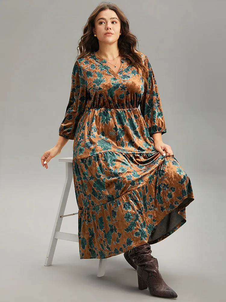 Velvet Floral Print Notched Lantern Sleeve Dress sold by Bloomchic product image thumbnail 3