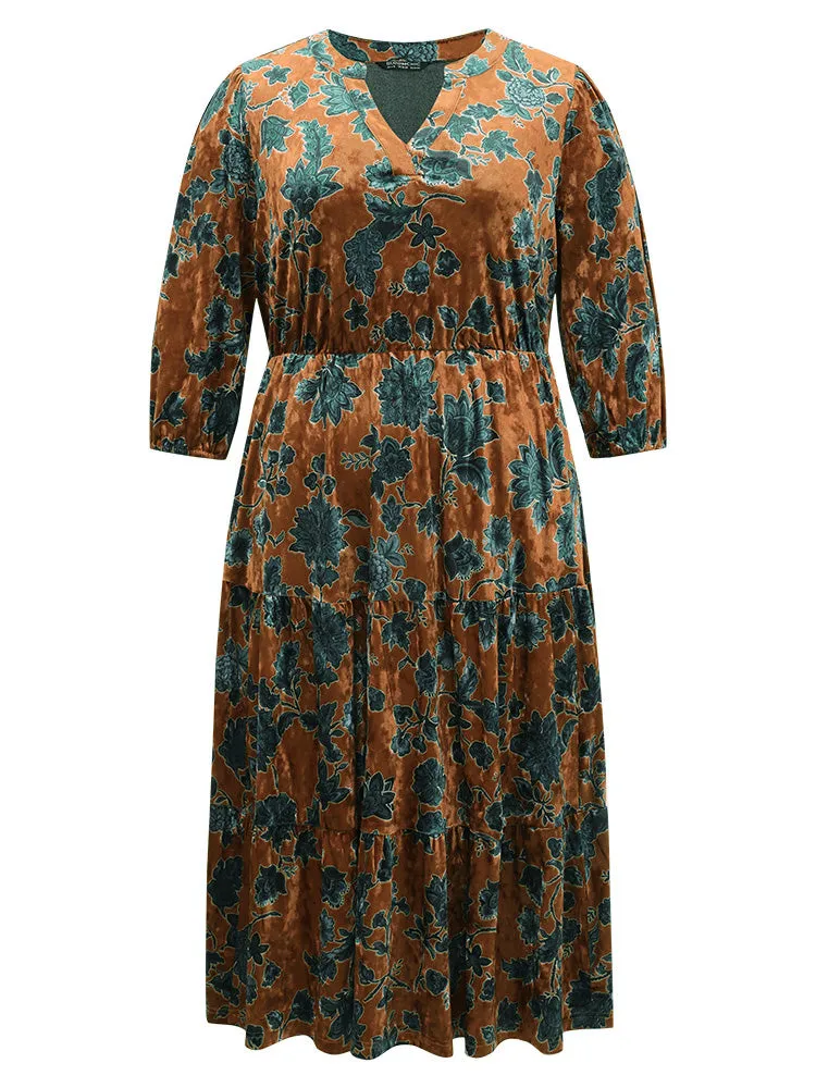 Velvet Floral Print Notched Lantern Sleeve Dress sold by Bloomchic product image thumbnail 5