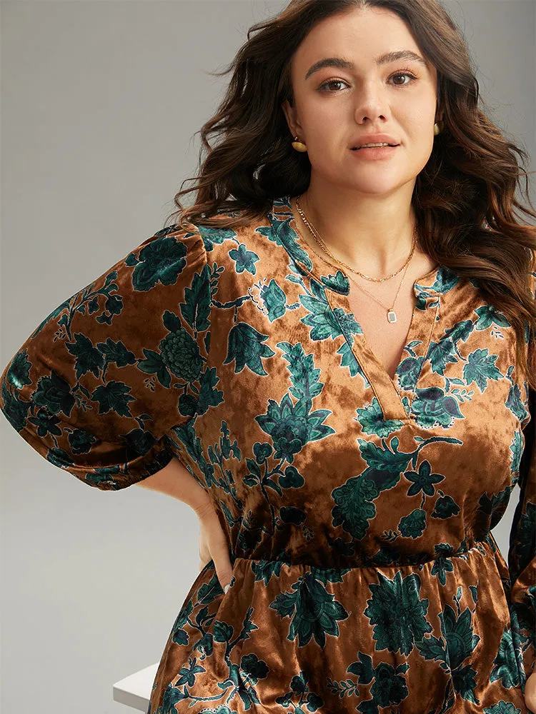 Velvet Floral Print Notched Lantern Sleeve Dress sold by Bloomchic product image thumbnail 4