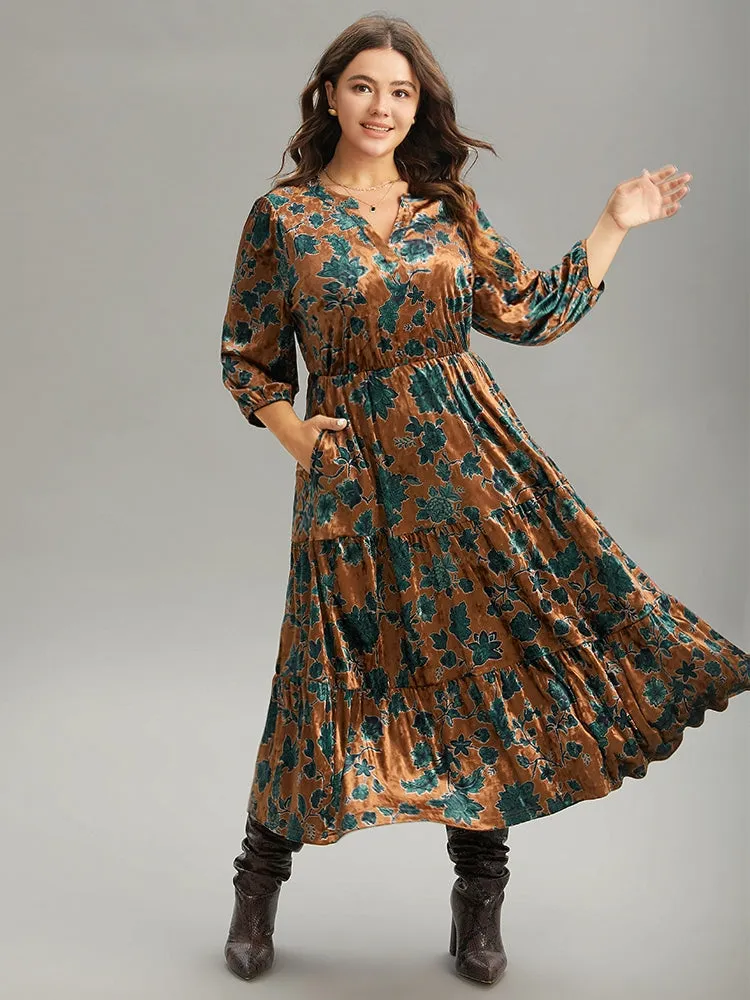 Velvet Floral Print Notched Lantern Sleeve Dress sold by Bloomchic