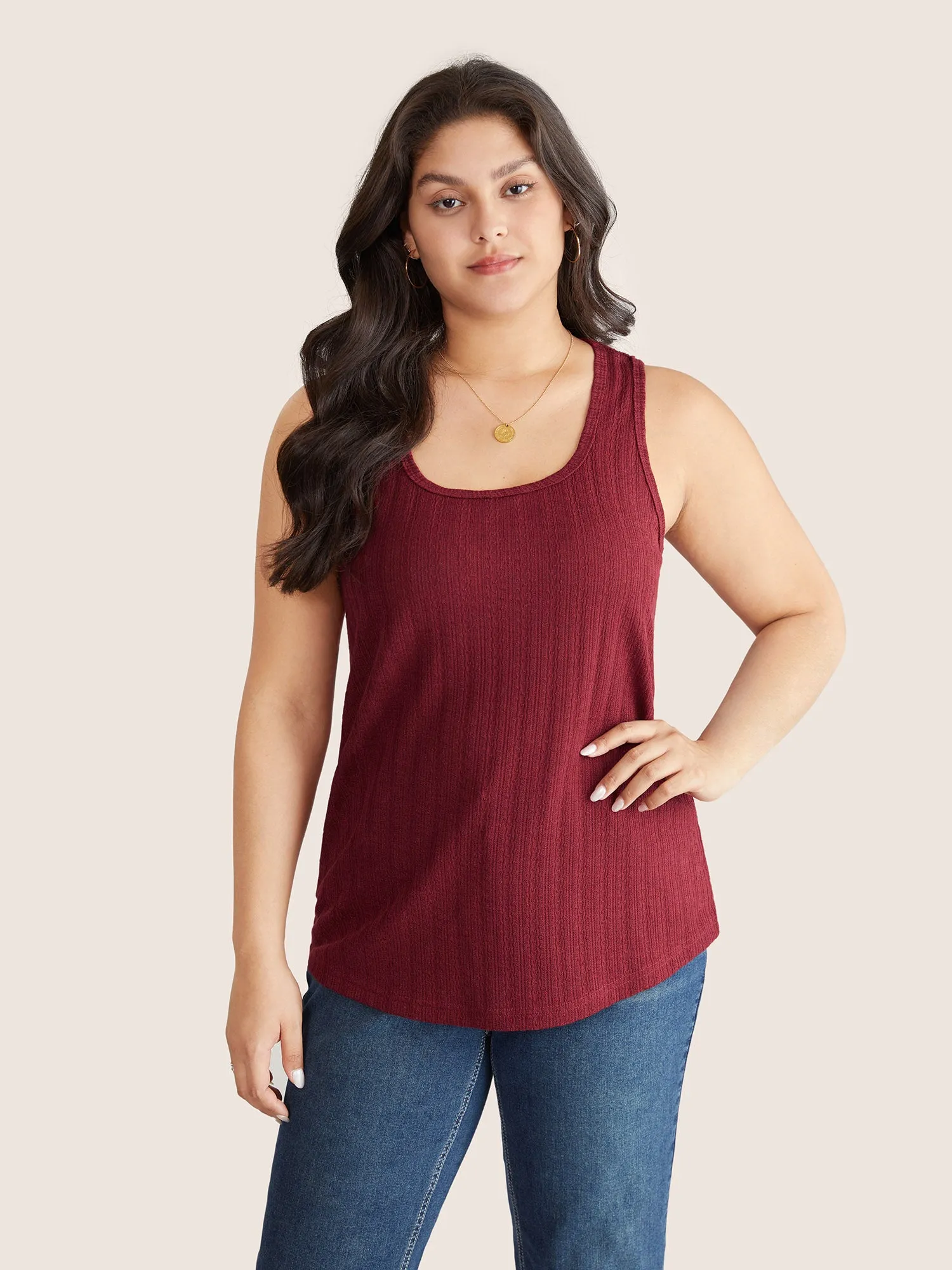 Solid Textured Square Neck Jacquard Tank Top sold by Bloomchic