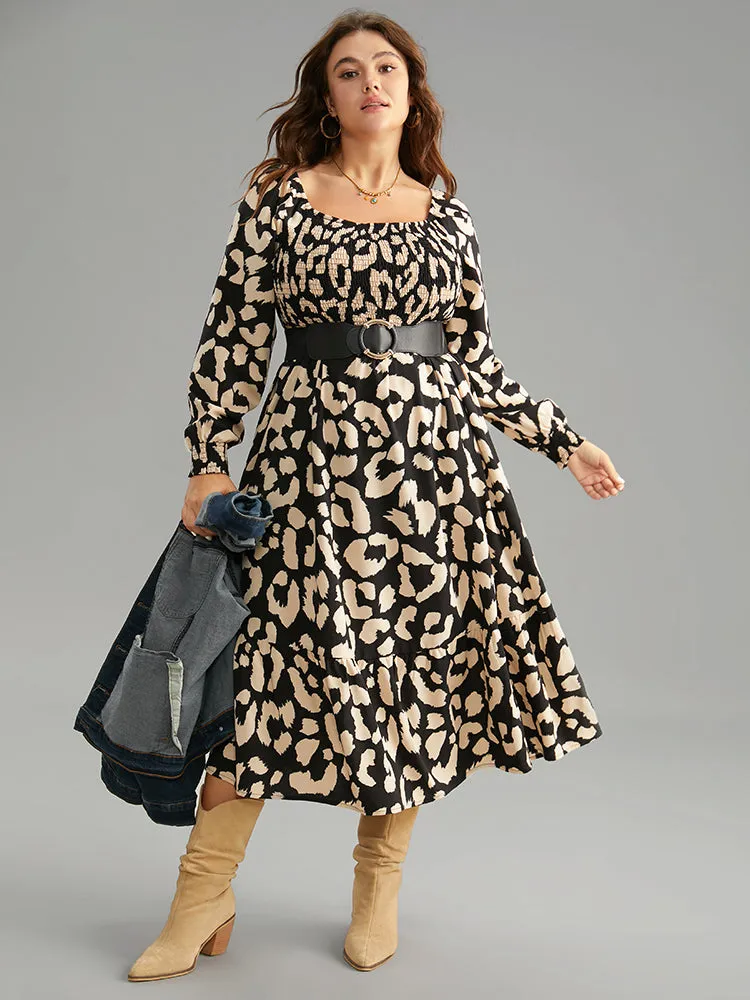 Leopard Shirred Square Neck Lantern Sleeve Dress sold by Bloomchic