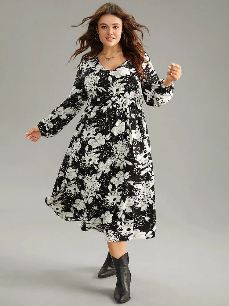Floral Belted V Neck Lantern Sleeve Dress sold by Bloomchic