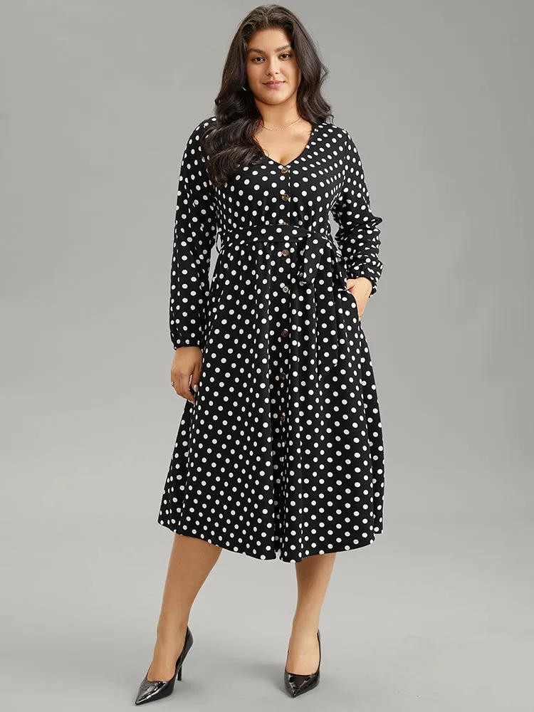 Polka Dot Lantern Sleeve Belted Button Detail Dress sold by Bloomchic product image thumbnail 2