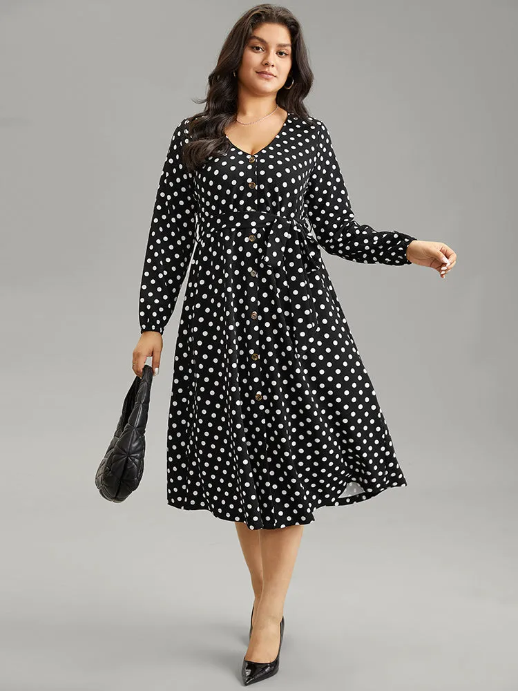 Polka Dot Lantern Sleeve Belted Button Detail Dress sold by Bloomchic