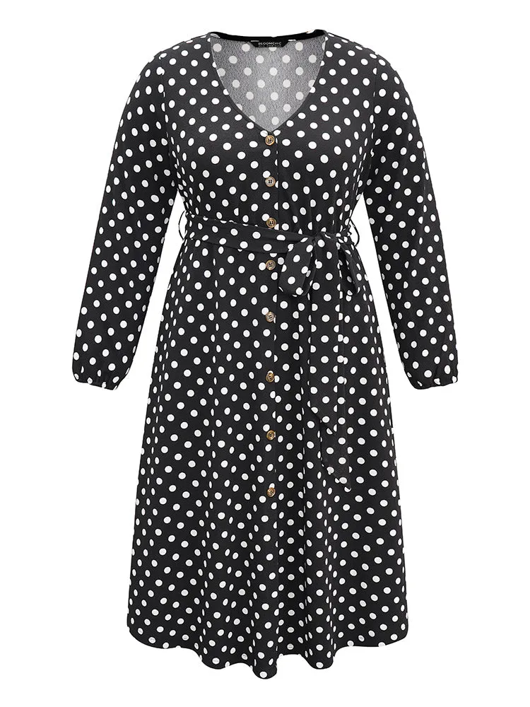 Polka Dot Lantern Sleeve Belted Button Detail Dress sold by Bloomchic product image thumbnail 5