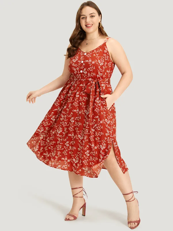 Ditsy Floral Button Detail Belted Split Hem Cami Dress sold by Bloomchic