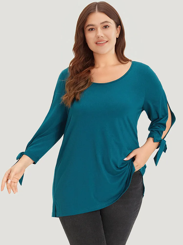 Plain Crew Neck Cut Out Bowknot T-shirt sold by Bloomchic