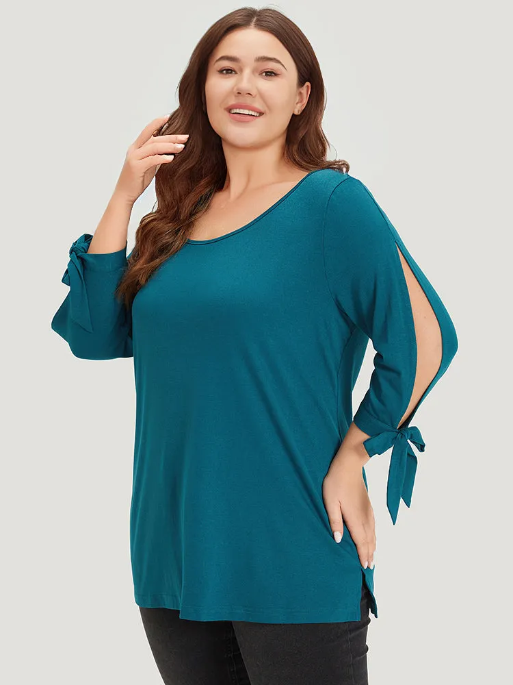 Plain Crew Neck Cut Out Bowknot T-shirt sold by Bloomchic product image thumbnail 3