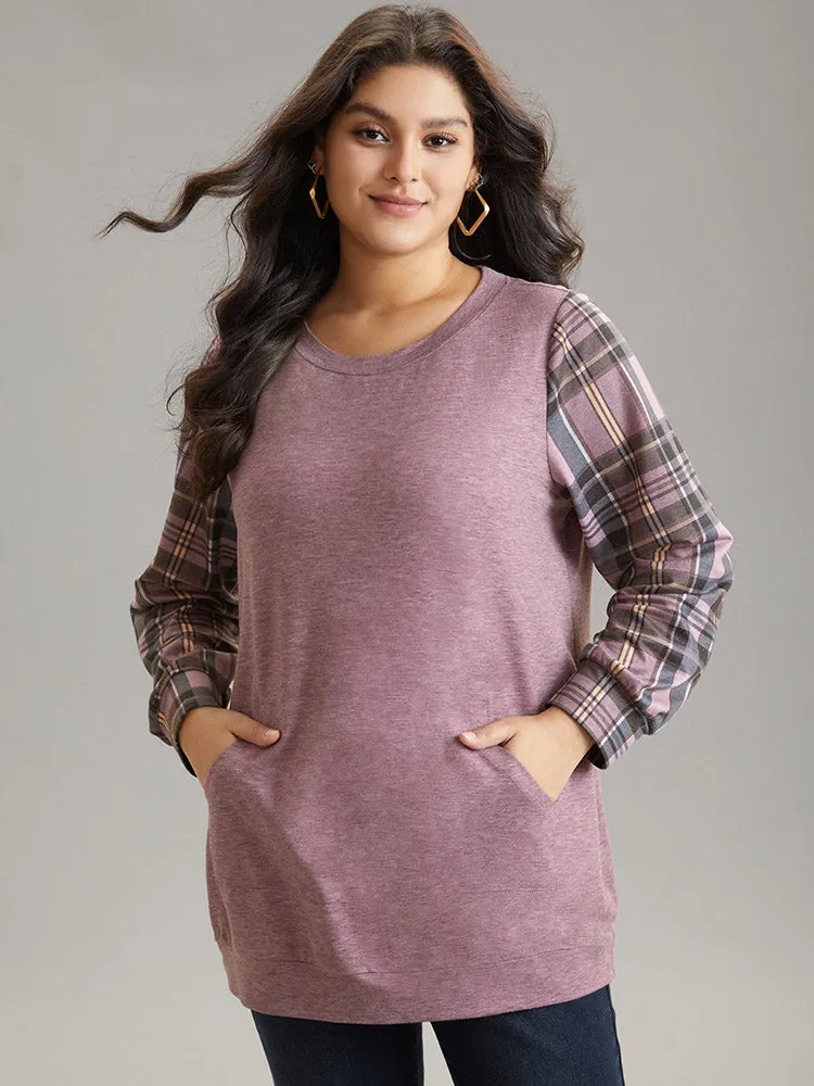 Plaid Print Patchwork Kangaroo Pocket Sweatshirt sold by Bloomchic product image thumbnail 3