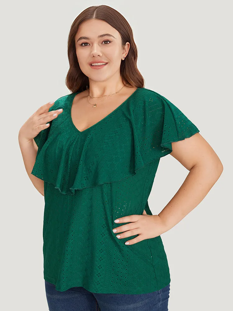 Plain Textured Ruffle Trim Cap Sleeve T-shirt sold by Bloomchic product image thumbnail 3