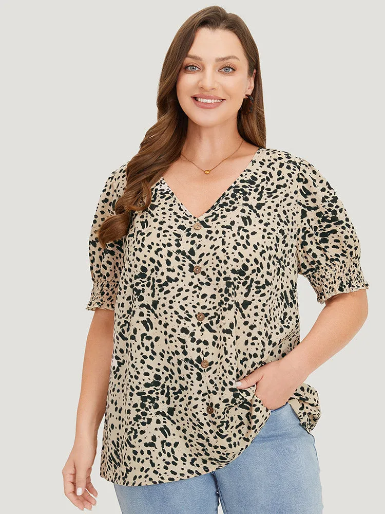 Polka Dot Button Detail Shirred Puff Sleeve Blouse sold by Bloomchic