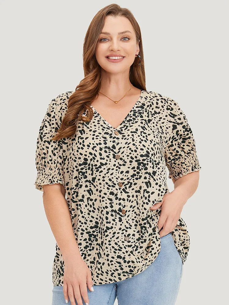 Polka Dot Button Detail Shirred Puff Sleeve Blouse sold by Bloomchic product image thumbnail 4