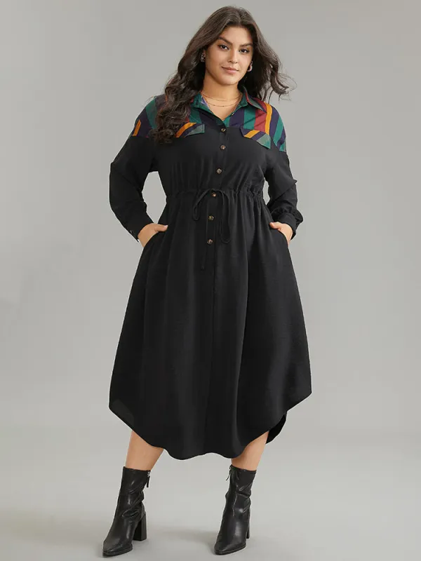 Striped Contrast Drawstring Button Detail Shirt Collar Dress sold by Bloomchic