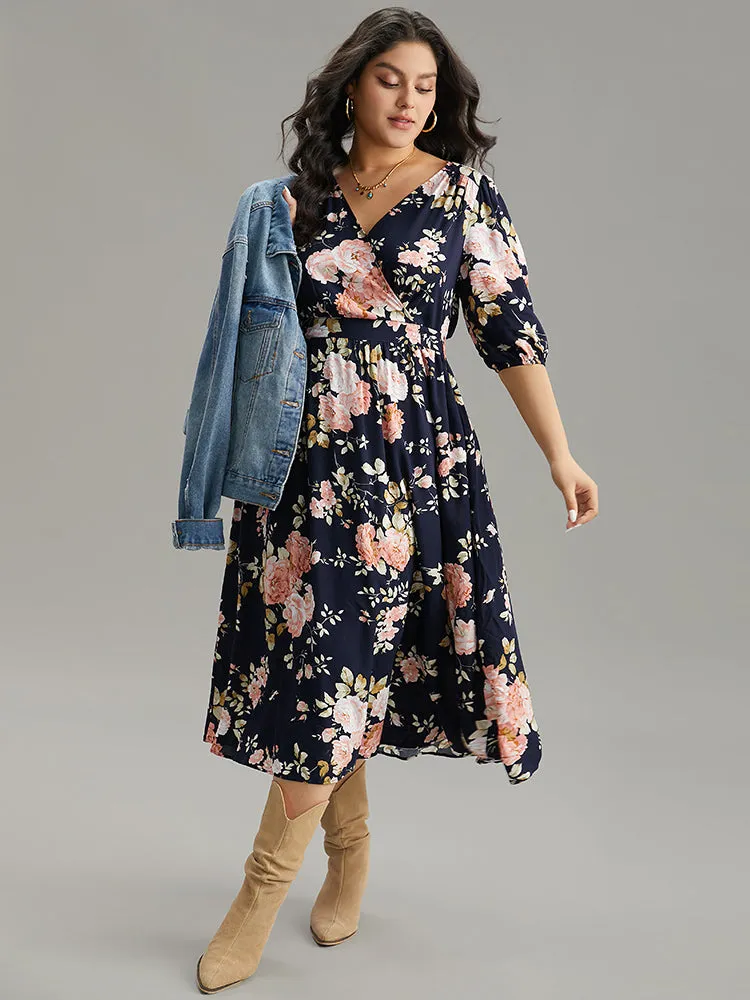 Floral Print Pleated Ties Wrap Lantern Sleeve Dress sold by Bloomchic product image thumbnail 2