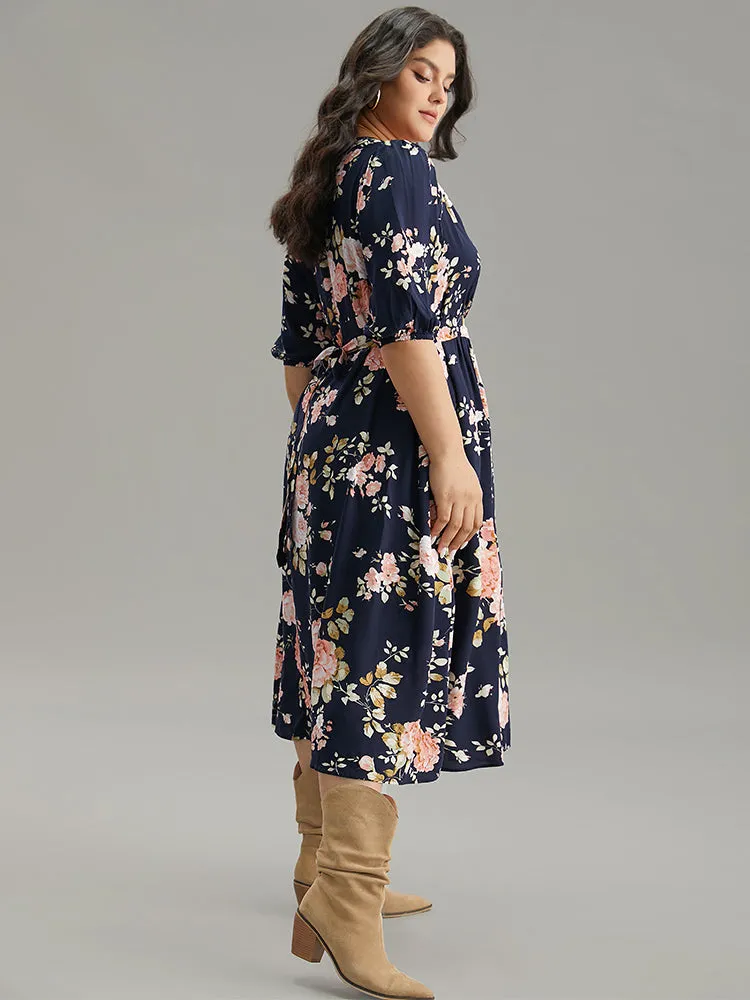 Floral Print Pleated Ties Wrap Lantern Sleeve Dress sold by Bloomchic product image thumbnail 4