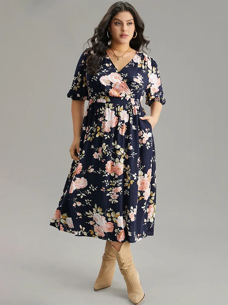 Floral Print Pleated Ties Wrap Lantern Sleeve Dress sold by Bloomchic