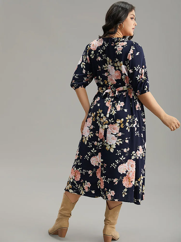 Floral Print Pleated Ties Wrap Lantern Sleeve Dress sold by Bloomchic product image thumbnail 3