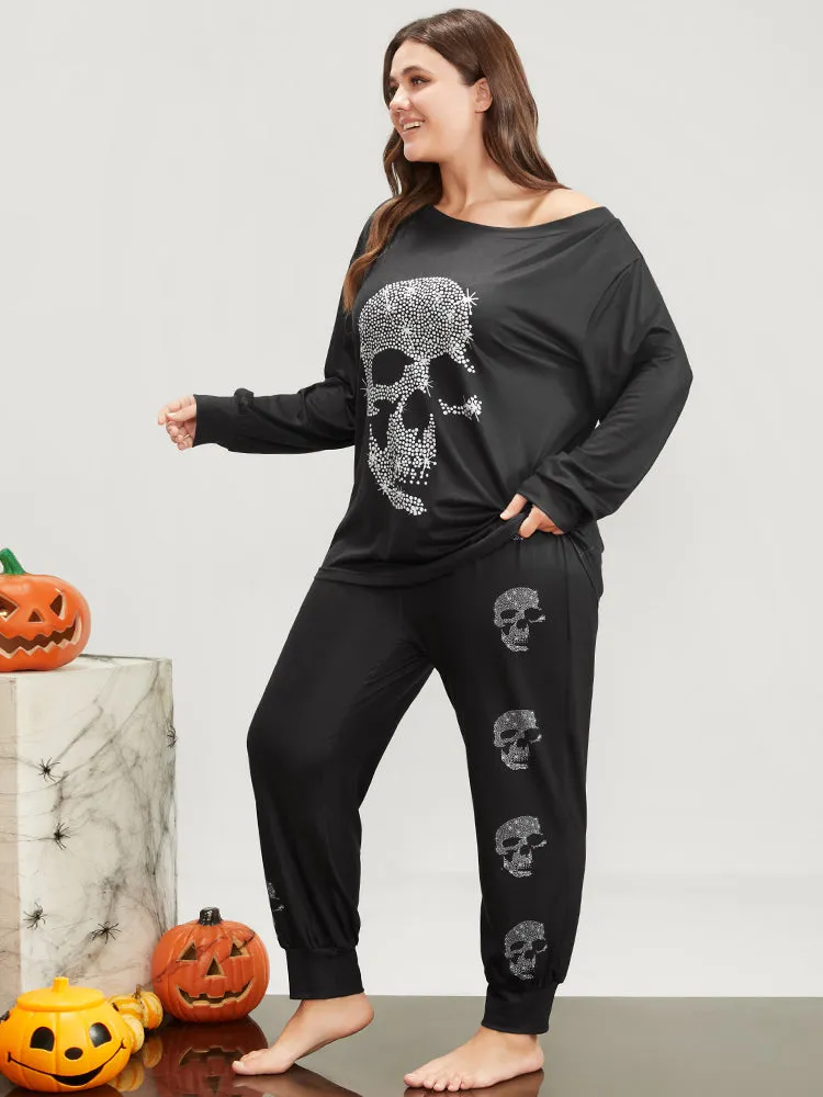 Halloween Skull Print One Shoulder Pajama Set sold by Bloomchic