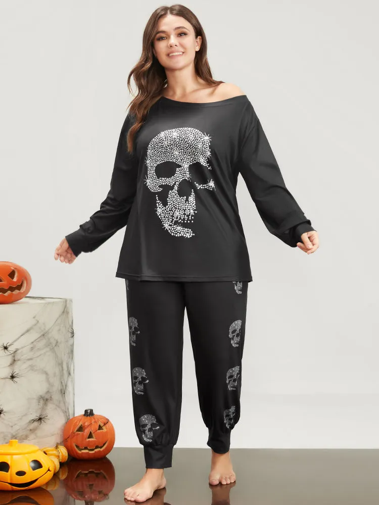 Halloween Skull Print One Shoulder Pajama Set sold by Bloomchic product image thumbnail 3