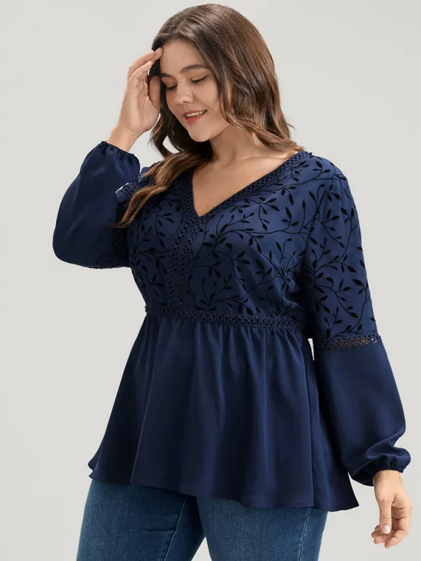 Plants Lantern Sleeve Lace Insert Blouse sold by Bloomchic