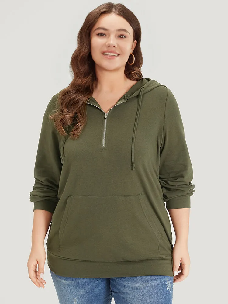 Plain Pocket Drawstring Half Zip Hooded Sweatshirt sold by Bloomchic