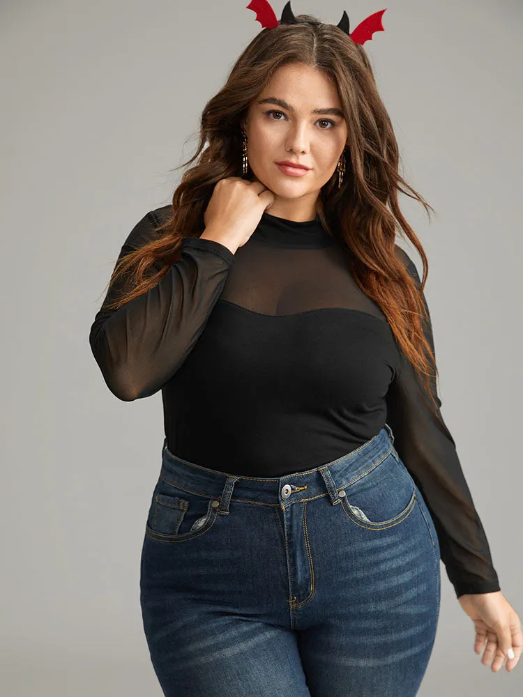 Halloween Plain Mesh Mock Neck Skinny T-shirt sold by Bloomchic