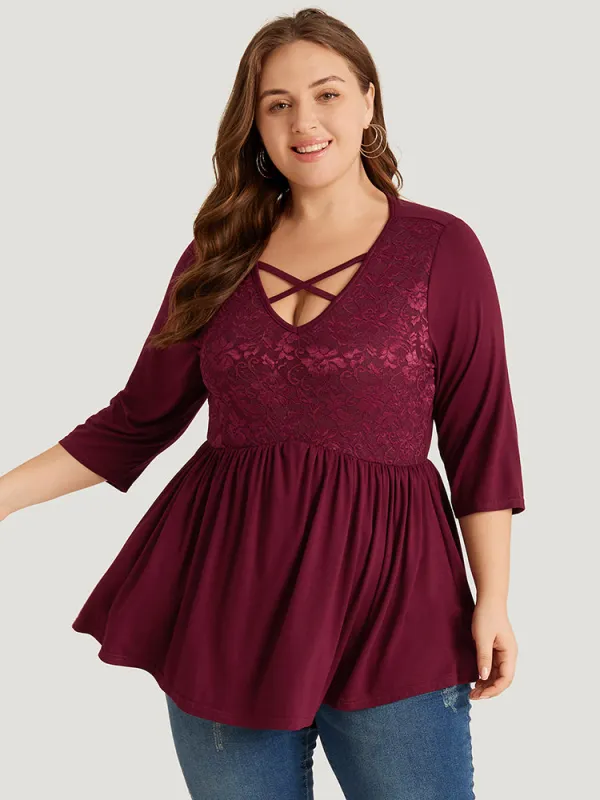 Plain Contrast Lace Crisscross Neck Gathered T-shirt sold by Bloomchic