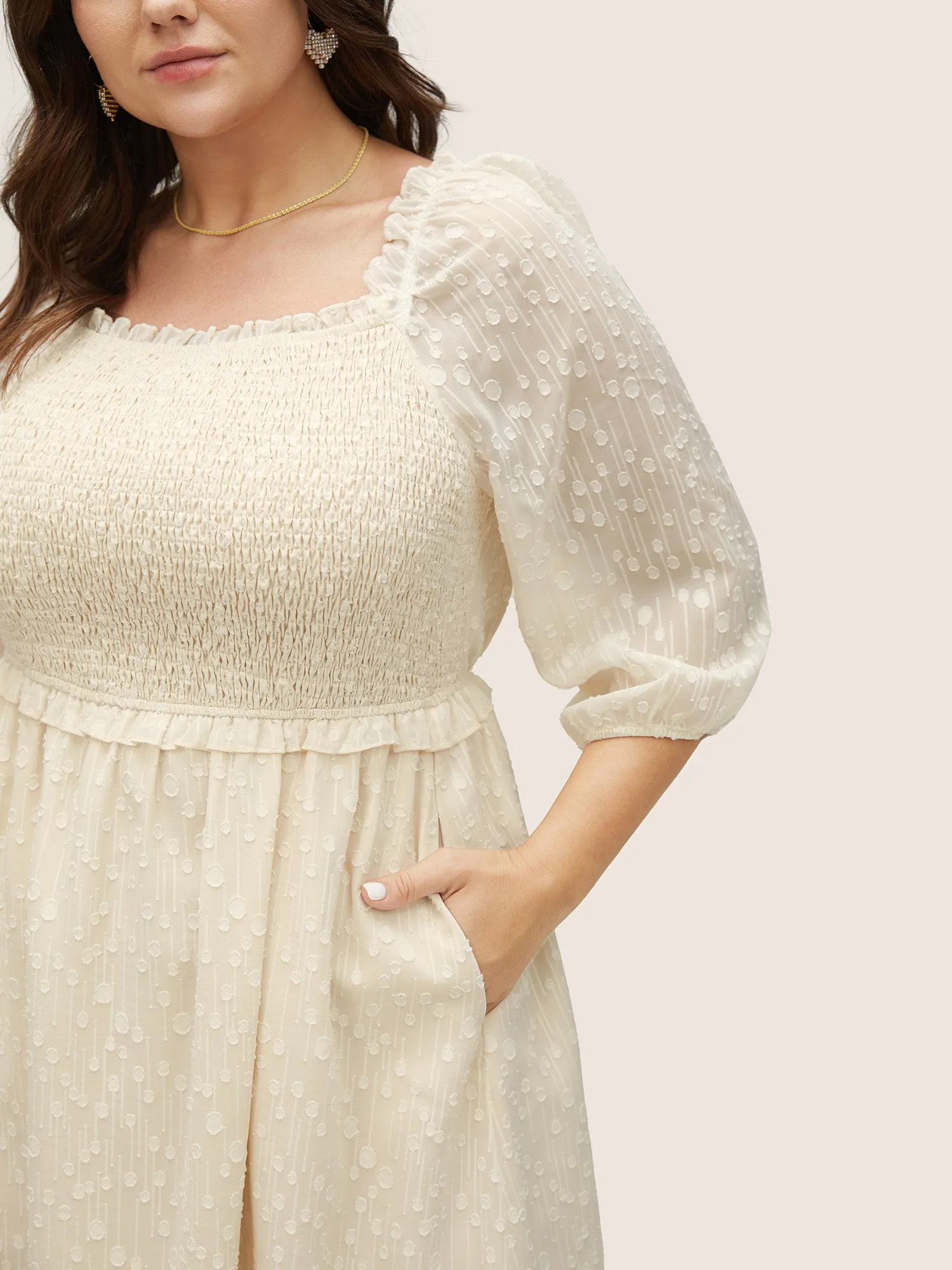 Chiffon Shirred Mesh Frill Trim Pocket Dress sold by Bloomchic product image thumbnail 4