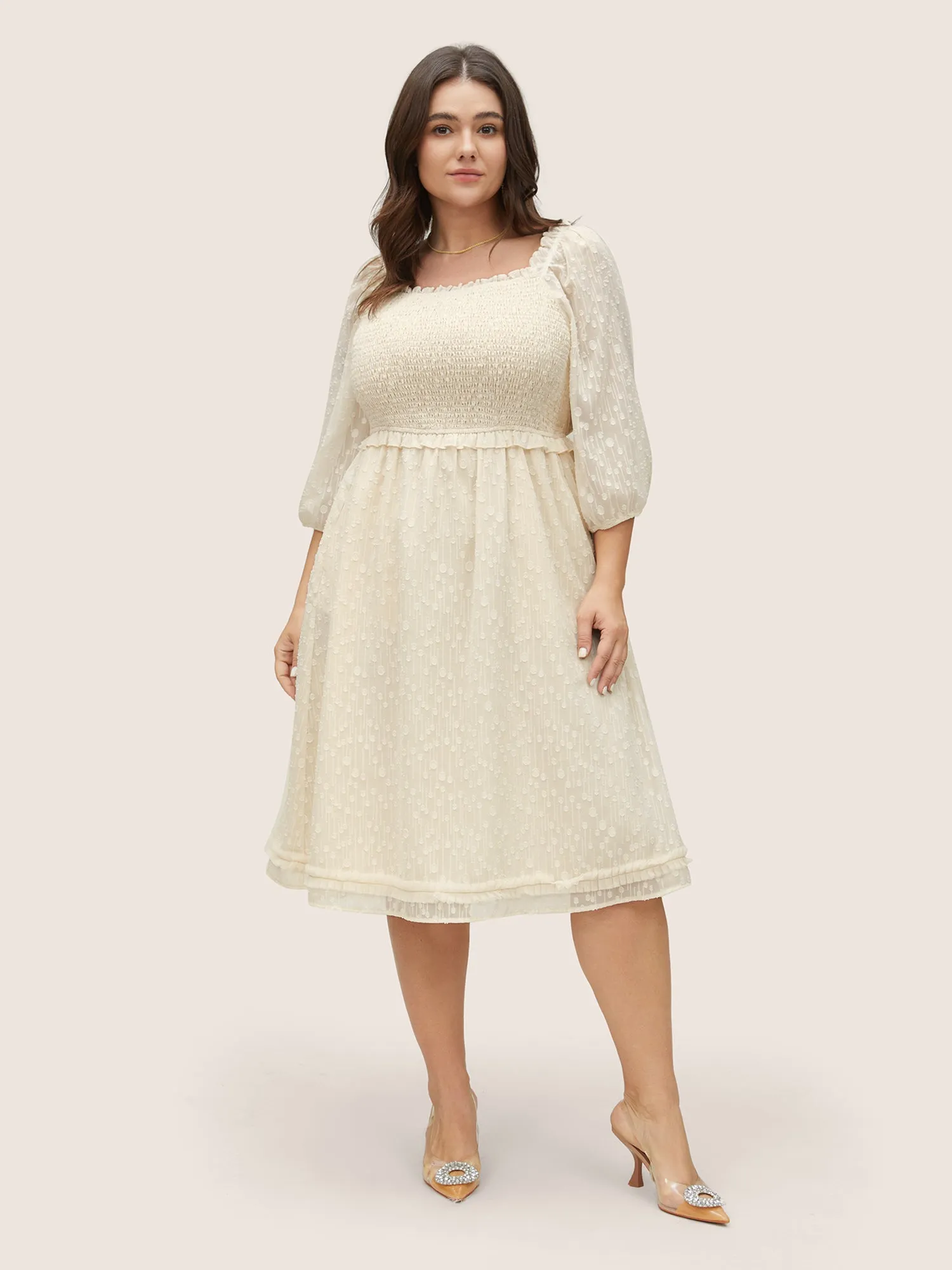 Chiffon Shirred Mesh Frill Trim Pocket Dress sold by Bloomchic