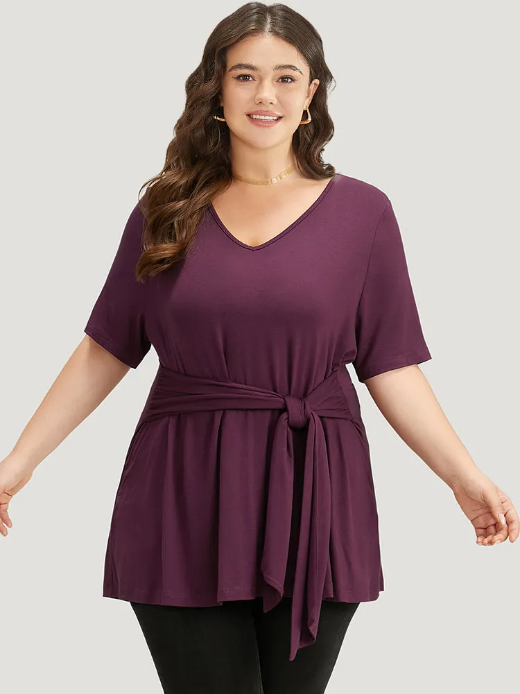 Halloween Plain V Neck Ties Gathered Hem T-shirt sold by Bloomchic