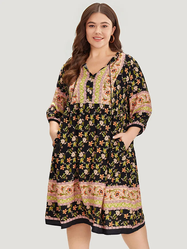 Boho Print Knot Neck Lantern Sleeve Dress sold by Bloomchic