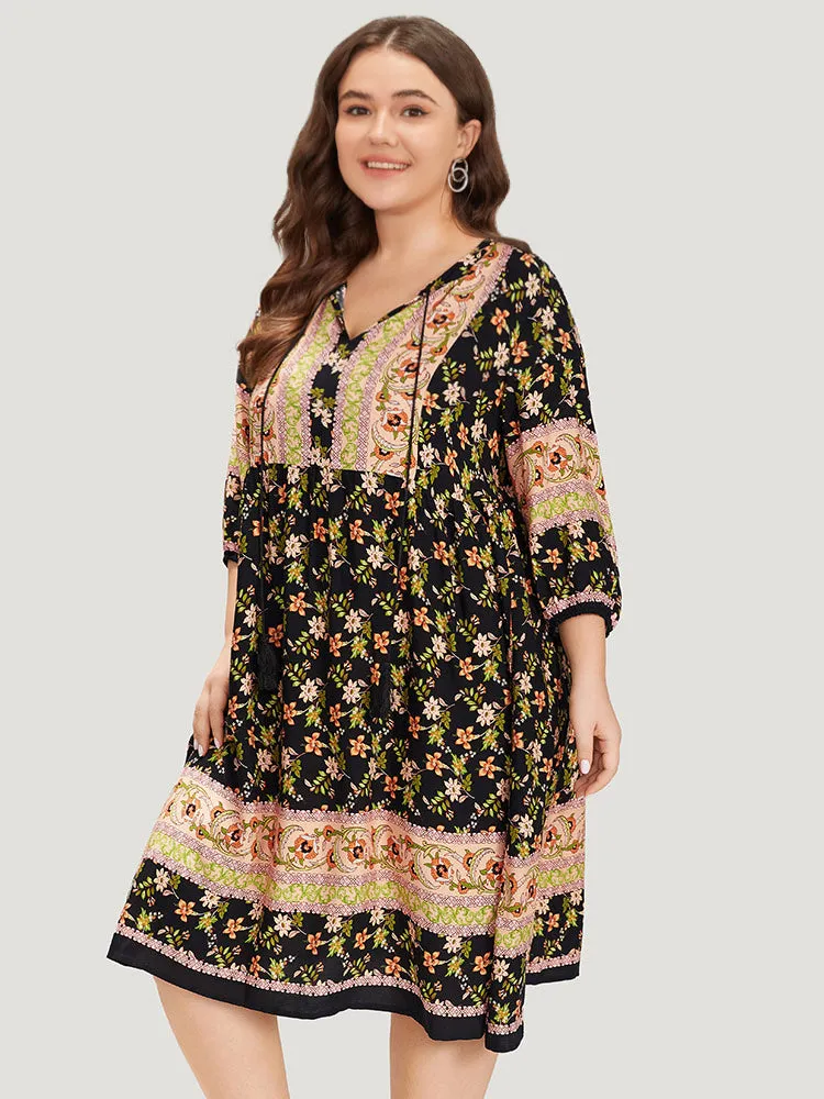 Boho Print Knot Neck Lantern Sleeve Dress sold by Bloomchic product image thumbnail 3