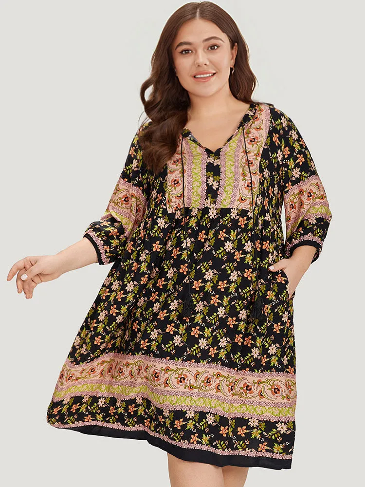 Boho Print Knot Neck Lantern Sleeve Dress sold by Bloomchic product image thumbnail 2