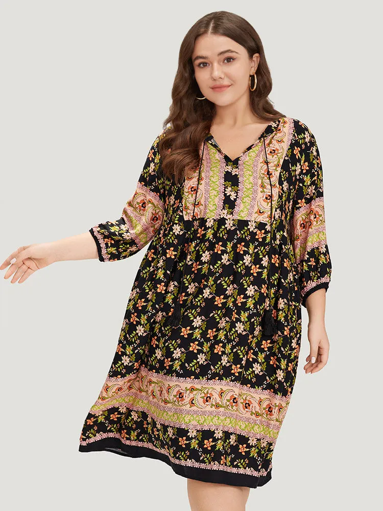 Boho Print Knot Neck Lantern Sleeve Dress sold by Bloomchic product image thumbnail 5